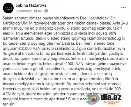 Xəstə yaxınından həkimə ağır ittiham