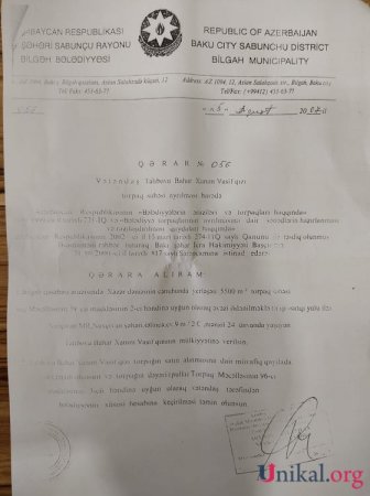 Şeyxin qudası Vasif Talıbovun övladlarına 110 sot torpaq satıb Şeyxin qudası Vasif Talıbovun övladlarına 110 sot torpaq satıb